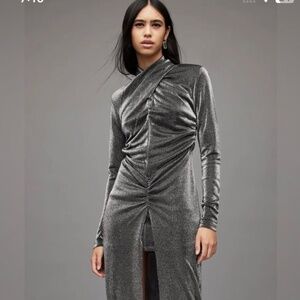 Allsaints Ala Silver Metallic wrap shiny midi asymmetrical dress gra